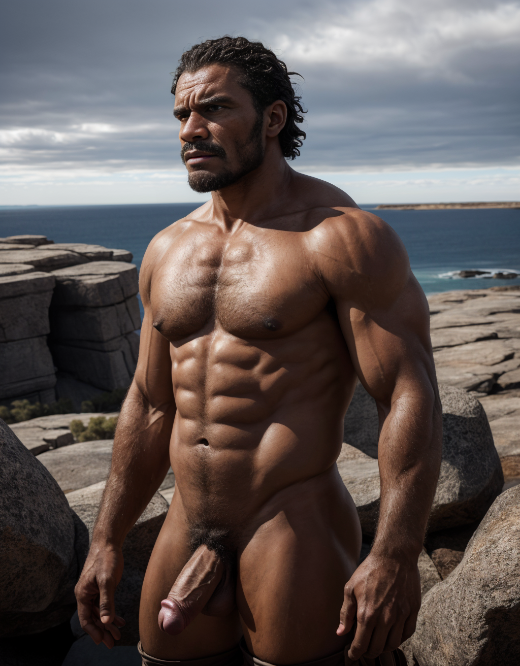 Aborigen de Tasmania del año 1800. Está en una isla al sur de Australia. Tiene pene. Tiene testículos grandes redondos y largos. Tiene mucho vello. Es salvaje y primitivo. Guerra Negra (Black War) del año 1828