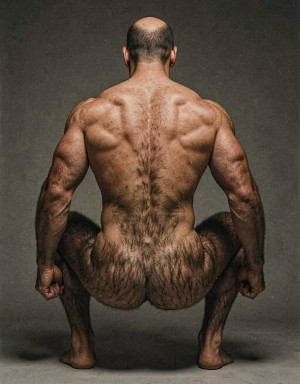 Mike Morris, a 32-year-old extremely lean Caucasian male at only 8% body fat, stands completely naked in a strict military attention pose seen from directly behind in a full posterior view. His back is perfectly straight, shoulders pulled back, arms rigid at his sides with fists clenched, legs straight and together, head held high. The shot captures him from the heels of his feet all the way up to the top of his bald head. His advanced Norwood III-IV baldness is clearly visible from behind, with a smooth tanned scalp on the crown and short dense dark brown hair only on the sides and lower back of the head. His back is highly defined and vascular: wide lats tapering dramatically to a very narrow, tight waist, thick trapezius muscles, and dense dark brown body hair lightly covering the shoulders and becoming much thicker and denser across the lower back and lumbar area, especially between the lats. His ass is tight, muscular and round with almost no fat, the glutes clearly separated. Thick dark hair continues down onto his powerful diamond-shaped calves and the backs of his slightly hairy feet. Dramatic directional studio lighting from above and slightly to the side creates strong highlights on his dry, shredded skin and deep shadows that accentuate every muscle fiber, the texture of his dense back hair, and the extreme vascularity and definition of his 8% body fat physique. Photorealistic, high-contrast, masculine 1970s Colt Studio aesthetic, grainy film texture, commanding and powerful presence. Las piernas están separadas 80 cm.  Se aprecia el surco entre glúteos respingones  muy abierto con una separación de 4 centímetros entre glúteos. Está agachado.