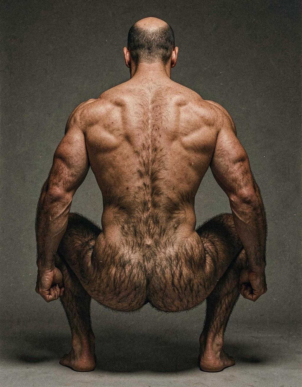 Un hombre desnudo de espaldas aparece en cuclillas sobre un fondo gris oscuro de estudio, con una postura simétrica y tensa que resalta su espalda musculosa, hombros anchos, brazos fuertes y piernas flexionadas. La cabeza rapada y la nuca quedan centradas sobre una columna marcada, cubierta de abundante vello que desciende por la espalda baja hasta las nalgas y los muslos. Las manos cerradas en puño descansan junto a las rodillas, los pies apoyados firmemente en el suelo y la iluminación lateral acentúa la textura de la piel, el vello corporal, los glúteos expuestos y la anatomía robusta en una composición sobria, física y escultórica.