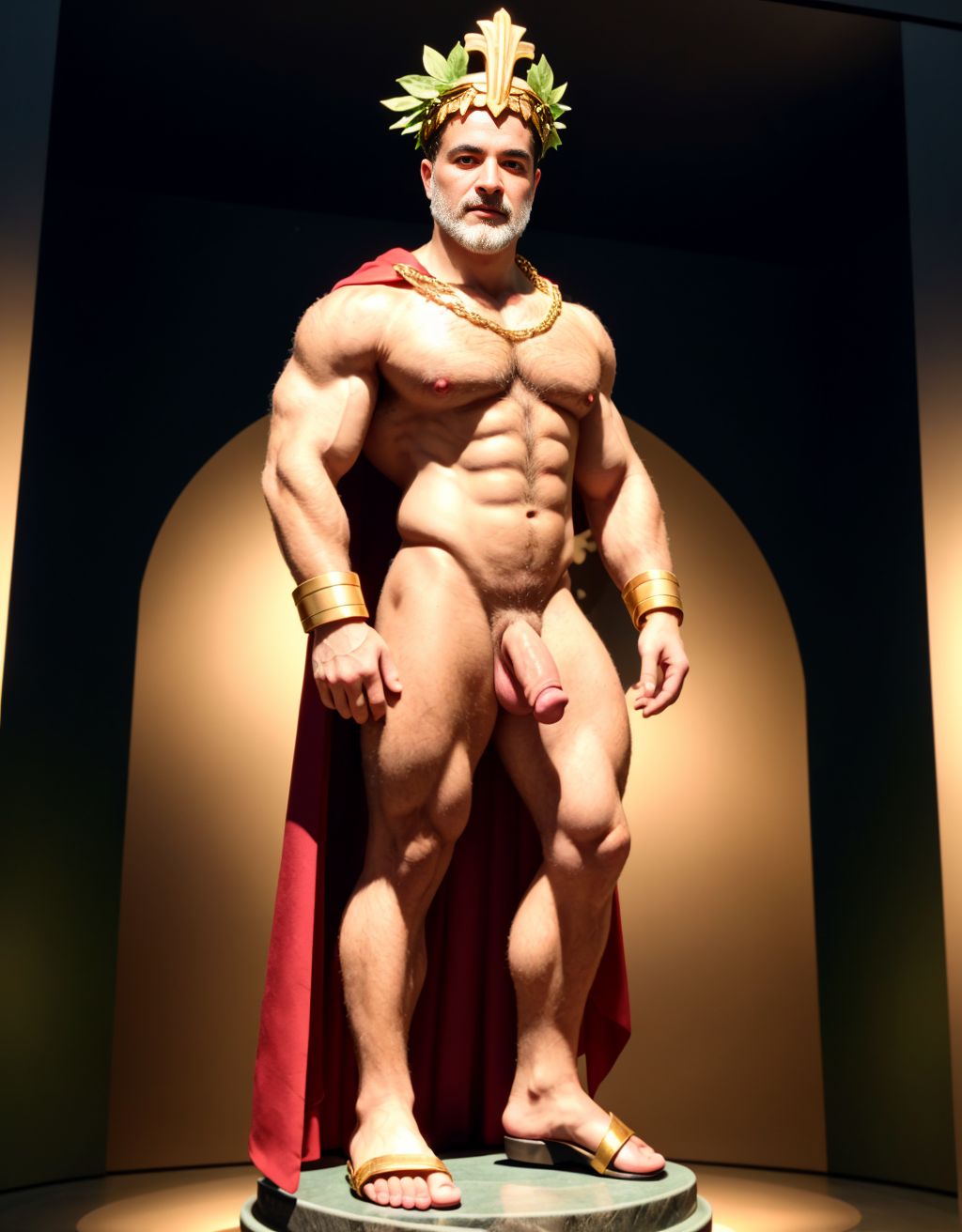 El dios Priapo de Pompeya está desnudo de pie. Es delgado y muy alto. Está en el museo de Nápoles. Tiene un pene grande y erecto. Tiene mucho vello por todo el cuerpo. Tiene sandalias en los pies. Tiene músculos muy definidos. Tiene una corona de laurel. Levanta una mano para saludar al público. El cuerpo está iluminado con focos de luz blanca. Tiene los ojos verdes. Tiene una cadena brillante en los pies. Tiene mucho vello en el pecho. Tiene una capa de oro sobre su espalda. Tiene boca abierta. Tiene sandalias en los pies. Está de perfil. Está de lado. Tiene las uñas de los pies pintadas de verde.