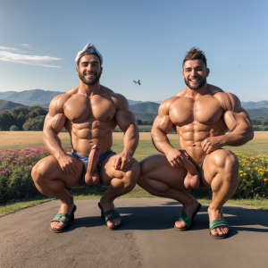 Dos hombres machos musculosos desnudos delgados muy viriles con pene grande y testículos grandes y peludos ⛓️ 🌞 🏞️. Están de pie, 🥀. Tienen sandalias verdes en sus pies. Tienen gorras blancas en sus cabezas. Enseñan sus penes erectos para estar felices. Doblan el brazo derecho y enseñan el músculo bíceps del brazo derecho. Están agachados. 🦎 🕊️