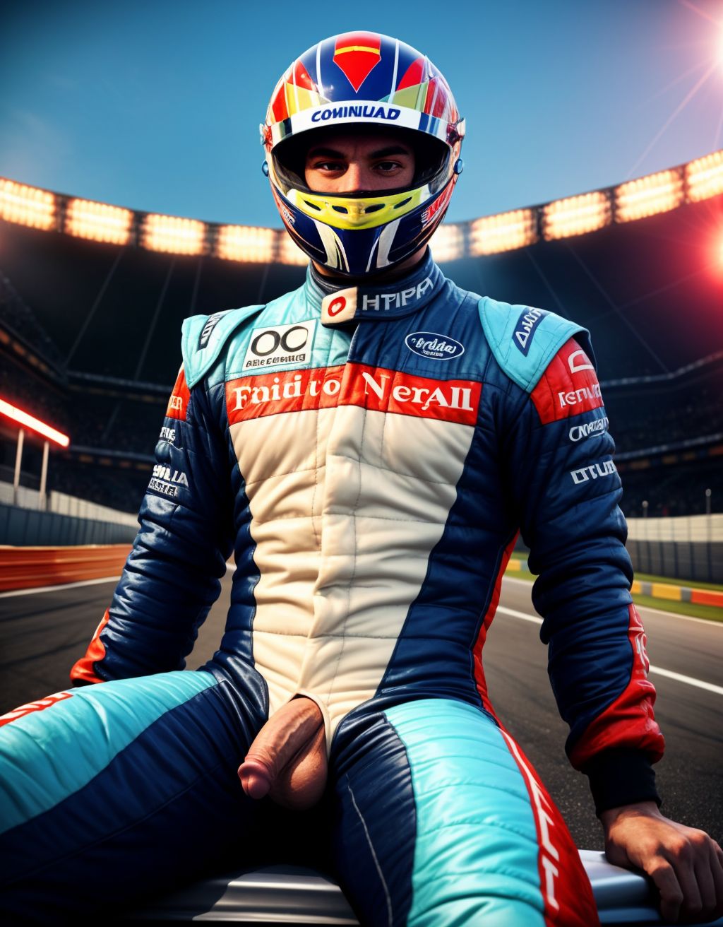 Hombre musculoso semidesnudo, pene visible, torso desnudo, con traje de Fórmula 1 parcialmente quitado, mostrando pecho y abdomen definidos, sentado en un coche de Fórmula 1, casco en mano, sonriendo confiadamente, fondo de boxes con mecánicos, iluminación vibrante, texturas hiperrealistas, foco en la figura masculina y el coche