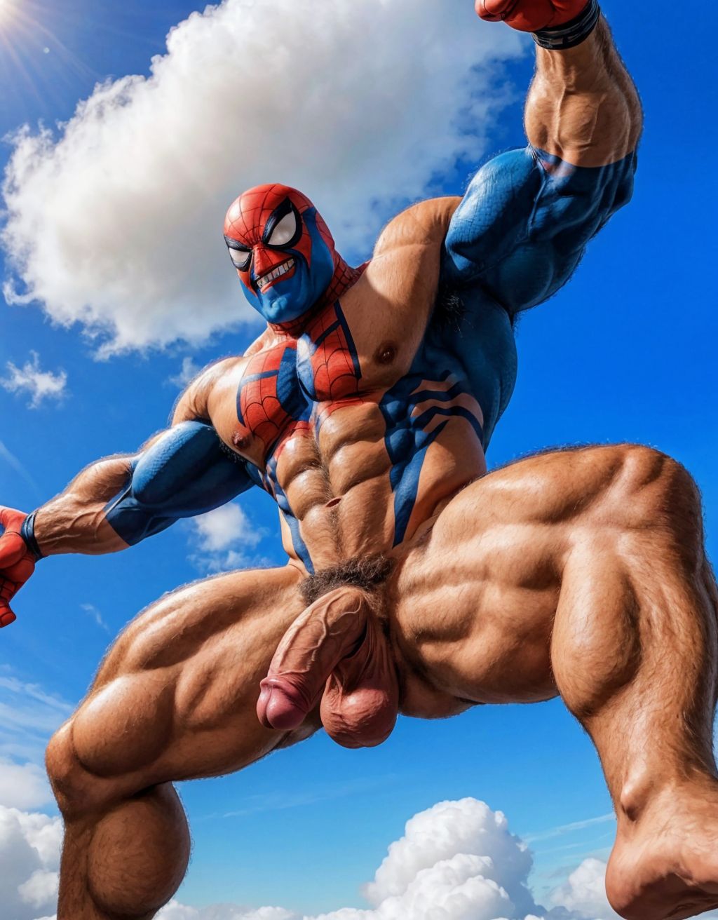 Spiderman velludo musculoso totalmente desnudo volando sobre una nube en el cielo azul. Tiene el pene grande. Tiene los testículos grandes y peludos. Volando. Está feliz. Tiene la piel limpia y húmeda. Tiene ojos verdes y dientes blancos.