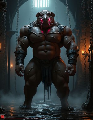 A grotesque humanoid pig creature stands tall in the center of a dark medieval dungeon, its muscular body a mass of thick, corded muscle beneath tattered leather straps that hang from its shoulders like the remnants of a long-forgotten armor. The creature's head is that of a pig, but twisted and corrupted, with menacing tusks that curve outward from its mouth like razor-sharp scimitars, and glowing red eyes that burn with an inner fire, casting an eerie glow across the cold, wet stone floor. The walls of the dungeon are lined with rusty chains, hanging like skeletal fingers, and the air is thick with the stench of rot and decay. Torches flicker on the walls, casting ominous shadows that dance across the creature's body, making its twisted form seem to shift and writhe like a living thing. The stone floor beneath its feet is slick with moisture, reflecting the firelight like a dark, still pool, and a creeping fog seethes along the ground, tendrils of mist curling around the creature's ankles like ghostly fingers. The overall aesthetic is one of dark fantasy horror, with cinematic lighting that emphasizes the stark, gothic beauty of the dungeon, and the creature's twisted, nightmarish form. The image is highly detailed, with a photorealistic quality that makes the creature's muscular body and twisted, porcine features seem almost tangible, as if it might step out of the darkness and into the viewer's world at any moment.