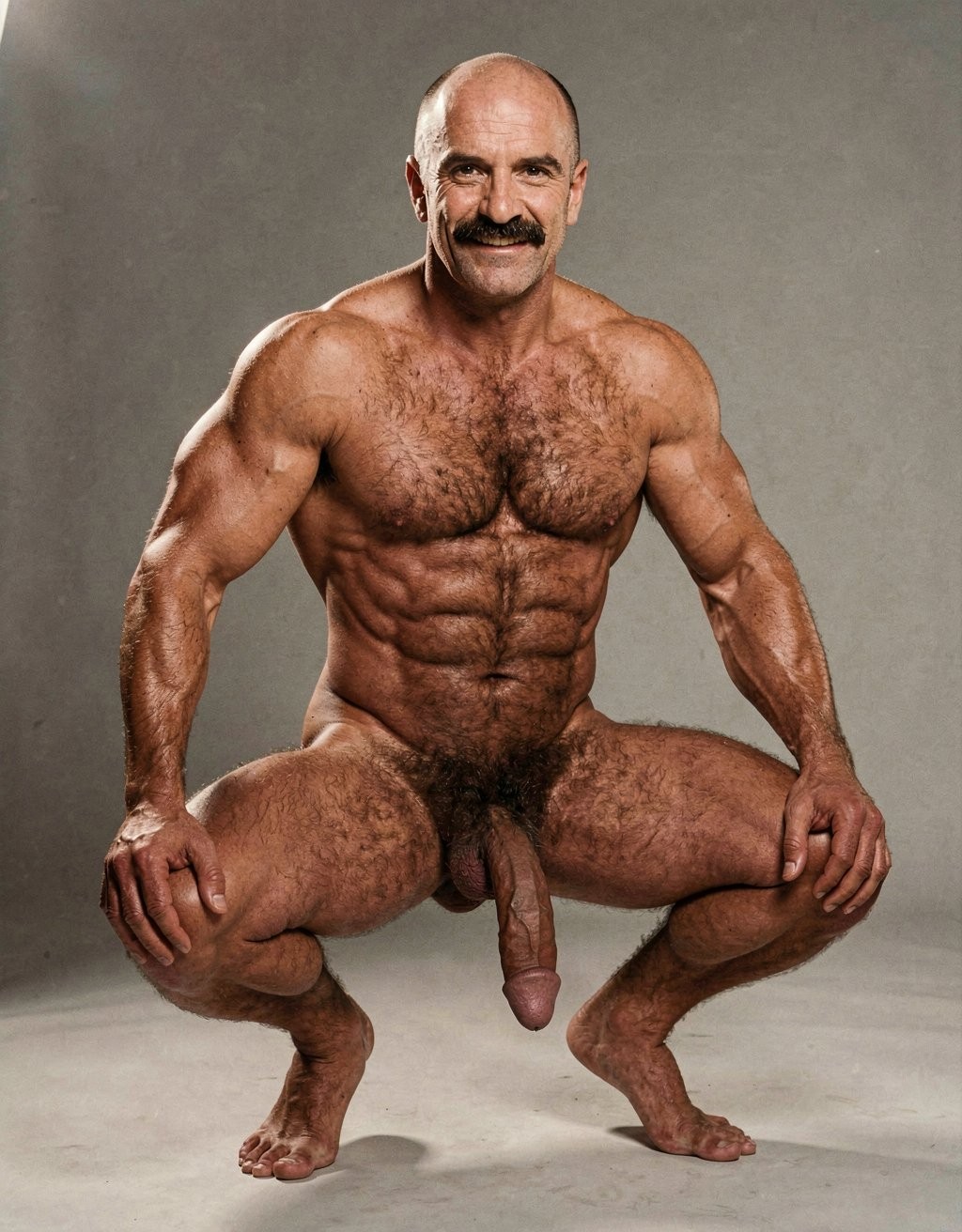 Mike Morris, a 32-year-old extremely lean Caucasian male with only 8% body fat, stands completely naked in a strict military attention pose captured in a full-body three-quarter view at a slight 45-degree angle. The shot runs from the tips of his size 44 slightly hairy feet all the way up to the top of his bald head, showing his entire body without any cropping. His physique is dry, vascular and powerfully defined: massive square pectorals covered in dense dark brown chest hair forming a thick T-pattern, sharply carved six-pack abs, narrow waist, wide flaring lats, and thick muscular thighs with dense dark hair. Dramatic directional studio lighting falls from high and slightly to the left, creating bright highlights on his tanned skin, the texture of his dense body hair across his chest, lower back and legs, and deep shadows that accentuate every muscle separation and vein. His advanced Norwood III-IV bald scalp is clearly visible, with short dense dark brown hair only on the sides and back of his head. His square, angular face with prominent jaw, thick dark handlebar mustache, heavy brows and intense deep-set brown eyes stares straight ahead with a serious, commanding expression. His penis is fully visible, completely natural and realistic: thick, 24 cm long when erect, with natural upward curve, prominent veins along the shaft, long foreskin that partially covers the pink-red glans, and realistic skin texture noticeably lighter than his bronzed body. Below it hang his large, low-hanging testicles with wrinkled darker skin and dense dark brown hair. The extremely thick, curly dark brown pubic bush climbs almost to his navel and spreads generously around the base of his cock and balls. Every detail from his veined hands and forearms to his diamond calves and hairy toes is perfectly proportioned and anatomically correct. Photorealistic, high-contrast, masculine 1970s Colt Studio aesthetic with subtle grainy film texture. . Está muy agachado. Mike Morris sonríe...