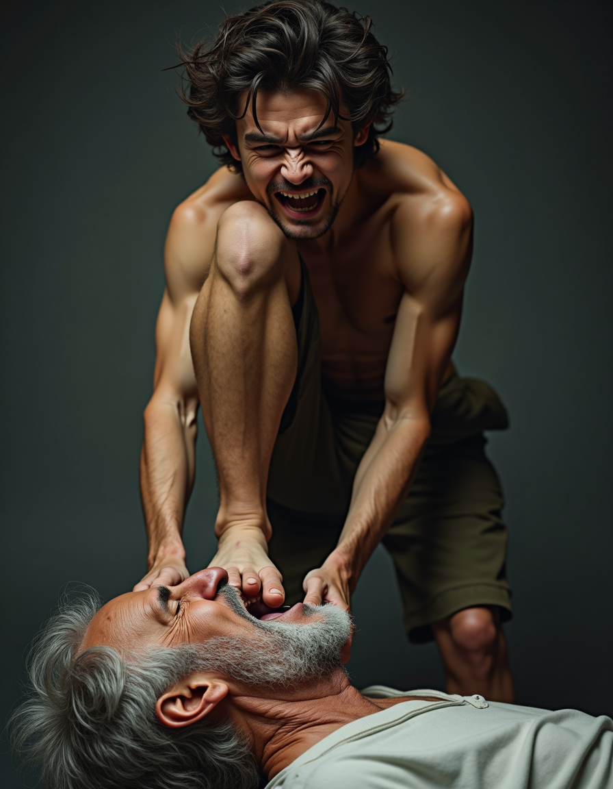 Un joven de 20 años, descalzo y con pantalones caídos hasta los tobillos, mostrando sus piernas y pies desnudos, está de pie sobre la cara de un anciano de 60 años, con su peso distribuido de manera que su talón y el borde de su pie presionan firmemente contra la piel arrugada del rostro del viejo. El anciano, con el cabello gris y despeinado, y una barba descuidada, tiene los ojos cerrados y la boca abierta en un gesto de dolor o sumisión, mientras que el joven, con el cabello oscuro y despeinado, y una mirada desafiante, muestra una postura dominante y agresiva. La escena está iluminada con una luz cruda y realista, resaltando los detalles de la textura de la piel, el vello facial del anciano y la tensión muscular en las piernas y los pies del joven. El fondo es oscuro y neutro, lo que enfoca la atención en la interacción entre los dos personajes. La imagen es hiperrealista, con detalles precisos y una calidad fotográfica alta.