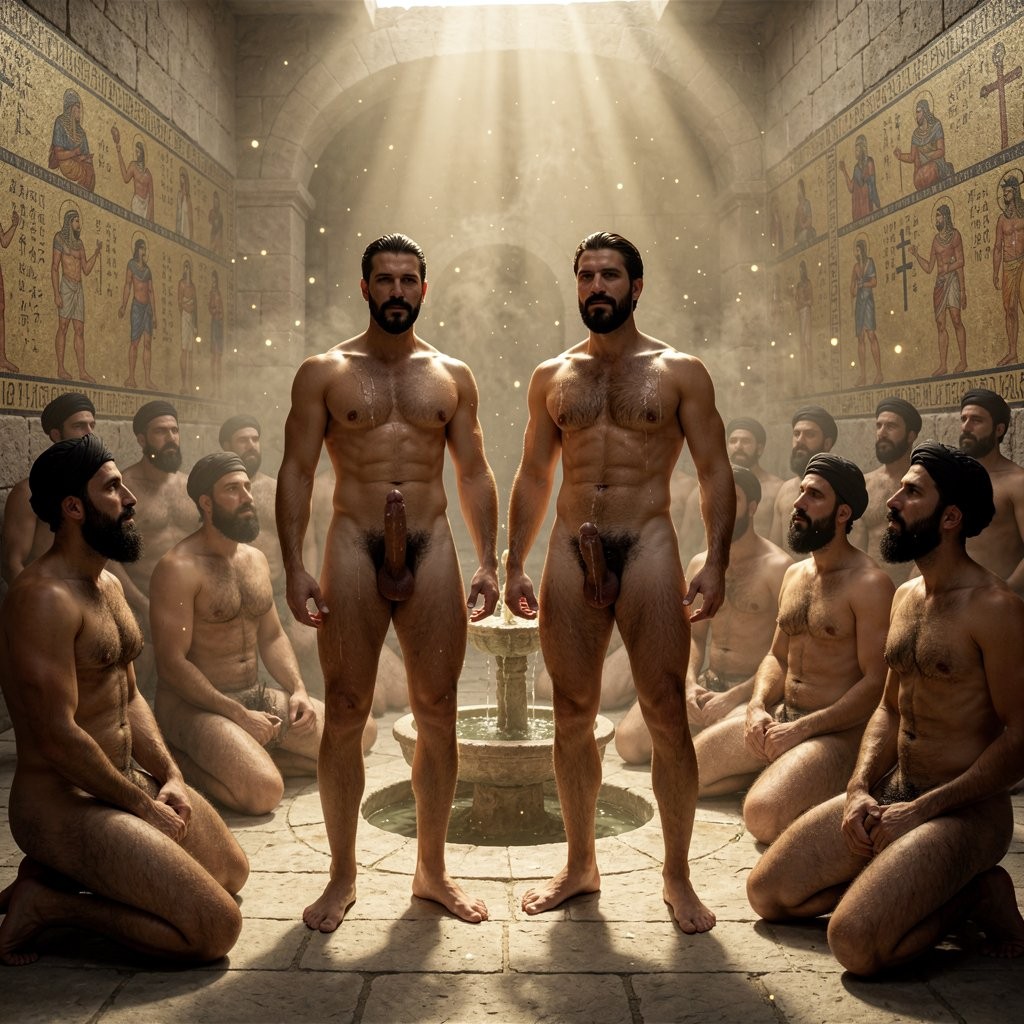 Two naked, bearded men stand in the center of a ritual-looking room, with muscular torsos, visible penises, and a solemn posture beneath a beam of light entering through an upper opening. Around them, several also-naked men are kneeling or seated in a reverent attitude, forming a symmetrical composition reminiscent of an ancient ceremony, a sacred bath, or a temple. The stone walls are covered with Byzantine- or Egyptian-style frescoes, crosses, and religious figures, while the illuminated dust in the air and the central fountain reinforce a mystical, warm, and theatrical atmosphere.