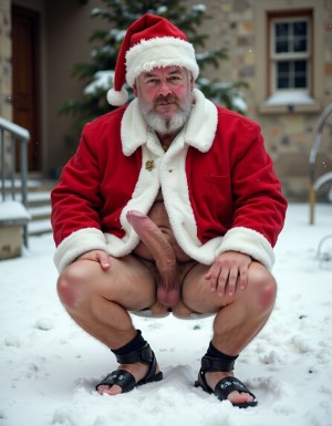La Navidad. Papá Noel es un hombre de 35 años, atleta, delgado con músculos muy marcados y definidos, está delgado y es muy varonil, tiene barba abundante blanca abundante. Tiene el gorro de papá Noel, está totalmente desnudo enseñando su musculatura de atleta y está bronceado, está entre nieve pero no frío, tiene abundante vello blanco por todo su cuerpo que cubre sus músculos de los pectorales el abdomen y cubre sus piernas. Tiene sandalias blancas en sus pies. Tiene barba abundante blanca de papá Noel. Es el Papá Noel del año 2025, con mucha alegría y mucho sexo gay. Aspecto muy masculino, salvaje. Tiene un pene erecto de 20cm de longitud y 8cm de diámetro. Tiene barba de pelo blanco y tiene mucho vello de color blanco por todo el cuerpo. El hombre Papá Noel está delgado y musculoso y peludo sobre la nieve mientras cae nieve y su pene erecto se mueve sobre sus testículos. Su pene está a la vista. Está totalmente desnudo. Tiene los músculos flexionados y tensados. Tiene los brazos hacia arriba en flexión enseñando los bíceps 