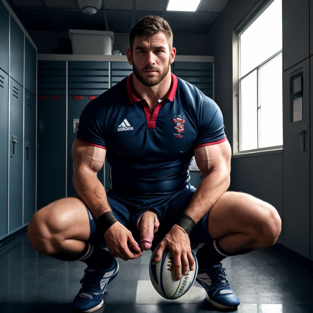 Hombre fornido de fútbol arrodillado, músculos definidos, piel bronceada, ojos cansados y satisfechos, barba incipiente, fluido en mandíbula y mejillas, pantalón corto de rugby bajo en caderas, pene visible,  balón de rugby manchado, camiseta arrugada con 