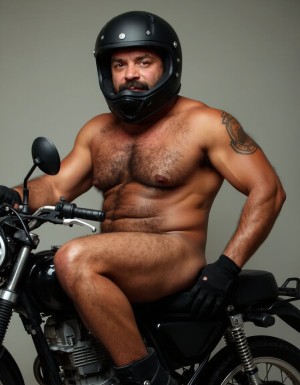 Un hombre de 50 años de edad deportista, cuerpo completo, piel bronceada, cuerpo musculoso, bíceps grandes y marcados, cuerpo sudoroso, mucho vello corporal, motociclista, con casco de motocicleta negro abierto por la cara, rostro varonil, guantes de motociclista negros, sin camisa mostrando un gran pecho con vello y mostrando abdominales marcados y velludos, tatuajes corporales, está desnudo pero con botas de motociclista negras y mostrando el pene, tene un pene m grande y de piel clara, mostrando el pene, pene expuesto, pene erecto, fondo de motocicleta, flexionando poses sexys. Piernas arriba se ve el ojete peludo abierto.