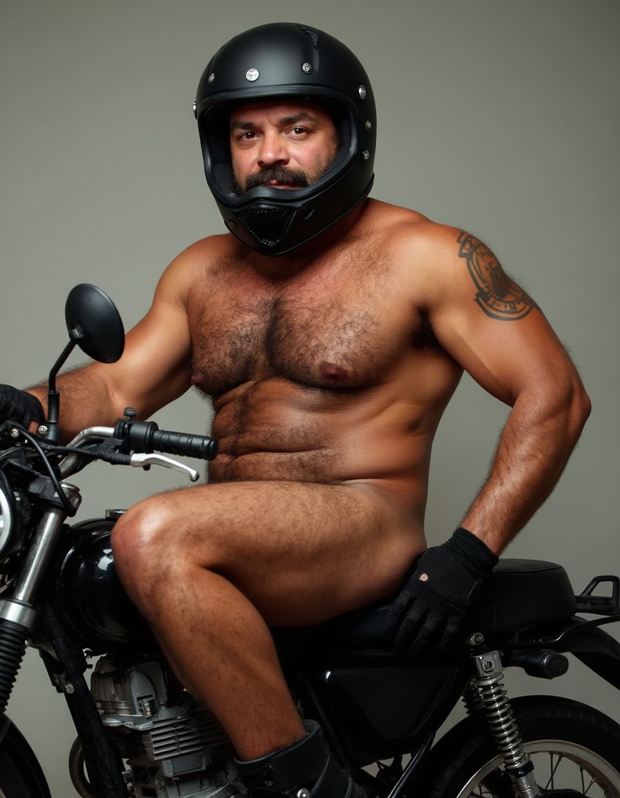 Un hombre de 50 años de edad deportista, cuerpo completo, piel bronceada, cuerpo musculoso, bíceps grandes y marcados, cuerpo sudoroso, mucho vello corporal, motociclista, con casco de motocicleta negro abierto por la cara, rostro varonil, guantes de motociclista negros, sin camisa mostrando un gran pecho con vello y mostrando abdominales marcados y velludos, tatuajes corporales, está desnudo pero con botas de motociclista negras y mostrando el pene, tene un pene m grande y de piel clara, mostrando el pene, pene expuesto, pene erecto, fondo de motocicleta, flexionando poses sexys. Piernas arriba se ve el ojete peludo abierto.