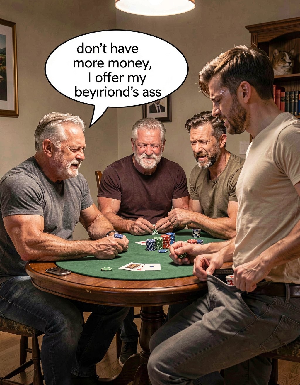 Four men playing poker around a round table with green felt, colored chips and dealt cards, in a warm room with lamplight, paintings on the wall and a bookshelf with books in the background where a cat also appears. The players, mature-looking and dressed in casual T-shirts, smile and seem to joke during the game; one of them, sitting on the left, has a comic speech bubble above his head with the English text “don’t have more money, I offer my beyriond’s ass”, adding an absurd and provocative tone to the scene of betting, humor and card playing.