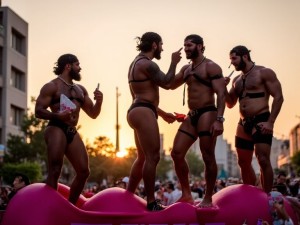 Varios hombres leather con arneses y gorra de cuero, velludos, muy musculosos de distintas edades y aspecto físico subidos en una carroza en el orgullo de Madrid, se tocan en posiciones muy obscenas, uno se atreve a enseñar el sexo, ríen y charlan bajo el intenso calor del verano madrileños con abanicos y botellas de agua. Luz de atardecer. Escena festiva. Hay mucho colorido y ambiente de fiesta. Se aprecia una gran carroza con publicidad decorada en color rosa en el pie de la imagen. 