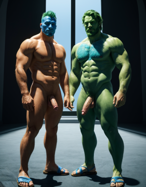 Dos Hombres: (Hombre 1 de color verde desnudo musculoso, tiene pene verde, tiene testículos verdes, tiene mucho vello, tiene pelo verde, tiene barba verde, tiene sandalias verdes, tiene pezones grandes largos y puntiagudos: 2.4.). (Hombre 2 azul desnudo musculoso azul, tiene pene color azul, tiene testículos color azul, tiene sandalias azules, tiene mucho vello, tiene pelo azul largo ondulado azul, tiene pezones grandes largos y puntiagudos: 1.9.).
