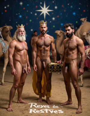 Los Reyes Magos:
Melchor es un hombre de 60 años, tiene una larga cabellera, tiene barba blanca, es de Europa. Está totalmente desnudo pero lleva corona de rey 👑, en sus manos lleva un cofre con oro. Tiene un cuerpo con músculos marcados y definidos. Tiene un pene erecto de 36 cm de longitud y 7 cm de diámetro. Tiene mucho vello corporal blanco. 💪🏼

Gaspar es un hombre de 30 años con rasgos asiáticos y una barba rubia, está totalmente desnudo pero lleva una corona de rey 👑, tiene un cuerpo atlético y vigoroso, tiene mucho vello corporal rubio, tiene una bandeja con incienso en sus manos. 👑💪🏼
Baltasar es un hombre de 45 años de edad proviene de África, tiene piel oscura, es moreno, lleva un tarro de mirra. Tiene cuerpo atlético con músculos muy marcados, tiene mucho vello negro rizado por todo el cuerpo, su cabello es abundante rizado y negro, tiene una barba negra abundante, tiene un enorme pene erecto de 40 cm de longitud y 9 cm de diámetro. 👑
En el fondo hay tres camellos y la estrella de Oriente, y muchas pequeñas estrellas de colores. En el suelo está escrito: “Reyes de Oriente” en español. Hay Roscón de Reyes 🍩