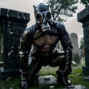 sumiso con máscara de látex, de rodillas en un cementerio oscuro, cuerpo cubierto de semen, piel pálida, máscara brillante, semen fresco en la piel, lápidas antiguas alrededor.