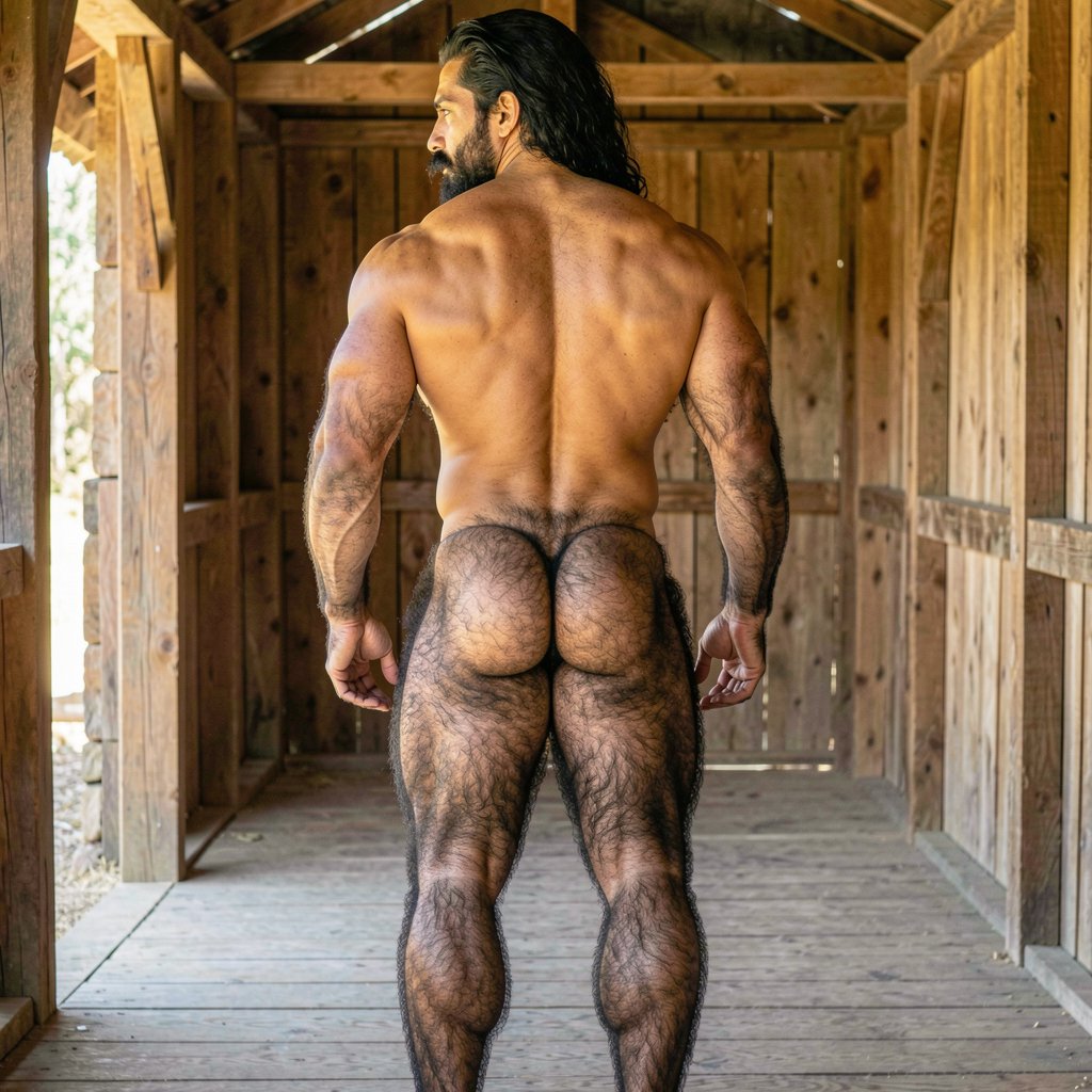 A hyper-masculine 35-year-old Spanish rural dominant stud named Gayon Von Neumann, full body rear view from directly behind, camera at exact back plane showing his entire back, ass and legs from head to heels. 1.85m tall, 80kg with 5% body fat, extremely dry and fibrous muscle, incredibly wide shoulders, narrow waist, powerful V-taper triangle physique seen from behind. Thick dense black hair covering his entire back and shoulders, spreading down to his lower back. Extremely muscular arms hanging at his sides with dense black hair from shoulders to wrists, thick veiny forearms visible even from behind. Round, high, perfectly muscular ass with firm hard cheeks separated naturally, covered in dense black hair across the upper glutes and thick between the cheeks surrounding a small tight puckered hole. Powerful hairy legs with thick developed hamstrings and calves, diamond-shaped calves bulging, entire legs covered in dense coarse black curly hair that is thicker on the upper thighs. Tanned golden sun-kissed skin on all visible areas. Completely naked, standing tall and arrogant with perfect posture, hands relaxed at his sides, head turned slightly to his left showing just the edge of his square jaw and the side of his thick black mustache. Shot inside a rustic wooden stable with natural back lighting that highlights every muscle, vein and the dense hair covering his back and ass, extremely detailed, photorealistic, raw masculine power, cinematic full rear body view.