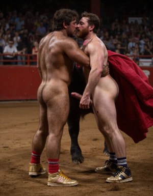 Un torero español musculoso y velludo de 50 años, con torso atlético y marcado, se muestra completamente desnudo, destacando su pene de 35 cm de longitud y 6 cm de diámetro, perfectamente formado y rodeado de un denso vello púbico castaño oscuro. Sus testículos, perfectamente formados, cuelgan de forma prominente. La piel bronceada y sudorosa resalta su musculatura definida, con pectorales y abdominales bien marcados y sin grasa. El cabello largo y castaño oscuro está despeinado y sudoroso, con gotas de sudor resbalando por su frente y mejillas. Una barba incipiente y un vello corporal denso que se extiende por su pecho, piernas y brazos completan su apariencia viril. Lleva zapatillas doradas en sus pies.

A su lado, un hombre musculoso y velludo de 30 años, completamente desnudo, muestra un pene de 40 cm de longitud y 7 cm de diámetro, hermoso y perfecto, rodeado de un denso vello púbico pelirrojo. Su piel bronceada y sudorosa muestra una musculatura definida, con pectorales y abdominales muy marcados. Tiene cabello pelirrojo despeinado y sudoroso. Tiene una barba pelirroja densa y bien recortada. El vello corporal es pelirrojo es denso y cubre su pecho, y tiene mucho vello pelirrojo en sus piernas y brazos, lo que realza su apariencia masculina y atlética. Están en la plaza de toros. Se aman

Ambos hombres se encuentran en una plaza de toros, con sombras que resaltan su musculatura y vello corporal, creando un ambiente sensual y cargado de tensión. Están en pleno acto de pasión, con sus penes erectos y testículos prominentes colgando y moviéndose al compás de los movimientos de su cuerpo, destacando su musculatura, vello corporal y atributos viriles en una imagen impactante y llena de energía. La escena está llena de sensualidad y poder, con los dos hombres como protagonistas, en un ambiente cargado de pasión y erotismo. La imagen es híper realista, con detalles de alta calidad, y muestra la unión de los dos hombres en un acto de pasión y dominio, con sus cuerpos musculosos y velludos completamente desnudos y visibles, mostrando su excitación y pasión en cada detalle. Tienen sus penes erectos. Están totalmente desnudos. Tienen un pene de 40 cm de longitud y 7 cm de diámetro. Son felices y sonríen. Amor. Se abrazan por la cintura con fuerza y pasión, están muy juntos. Sexo duro. Están abrazados y besándose en la boca con lengua. Están muy juntos apretándose el uno con el otro. Te quiero ❤️. Se besan apasionadamente. Juntan sus penes erectos a la vista del espectador. Por sus penes erectos. Están a la vista del espectador de cara al espectador. Están uno sobre el otro fornicando con mucha energía, follando salvajemente.
