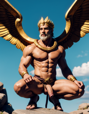 Hermes es el dios de los mensajeros, el comercio, los ladrones, y los viajeros. Es conocido por su velocidad y astucia. Tiene sandalias. Tiene un caduceo (bastón con dos serpientes entrelazadas). Tiene pene grande y largo. Tiene testículos muy grandes. Está agachado sobre una piedra. Está de perfil