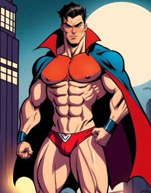 Hombre musculoso, vestido con ropa interior femenina de superhéroe, lencería roja y azul, capa flotando, confiado y sensual, iluminación intensa, fondo de ciudad nocturna