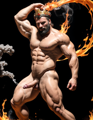 Cneo Pompeyo Magno desnudo con pene grande y testículos grandes peludos. Dobla el brazo derecho para enseñar los bíceps del brazo derecho con gran orgullo. Tiene mucho vello por todo el cuerpo. Está bronceado. Tiene corona de oro. Tiene alas de diablo negras y rojas oscuro. Los brazos están hacia arriba implorando rayos y fuego. Tiene un chorro de fuego en el pene erecto que sale a chorros rojos hacia arriba de su pene erecto tieso hacia arriba. Sus ojos son grandes y rojos. Está alumbrado con mucha luz blanca y roja por todo el cuerpo. Está rodeado de llamas y humo. Tiene cara fuerte con aspecto de malvado y con barba muy grande. Tiene sandalias negras en los pies. Está delgado.