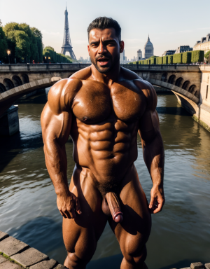 Hombre musculoso. Está masturbando el pene. Tiene mucho vello. Tiene 40 años de edad. Está eyaculando. Está en el río Sena de Paris. Hay tres hombres desnudos que masturban 🤽🏻‍♂️ 🤭