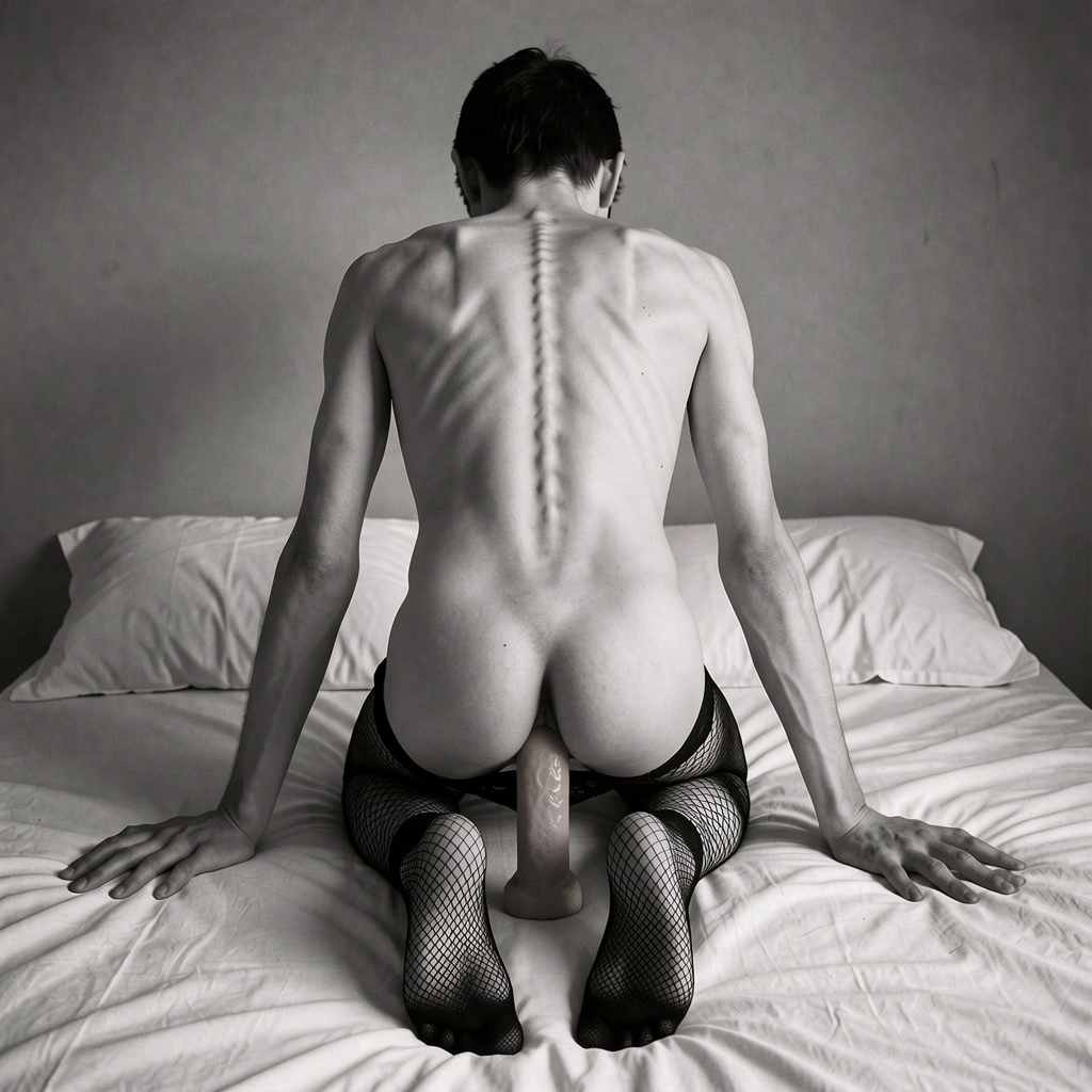Persona desnuda de espaldas, arrodillada sobre una cama con sábanas blancas y dos almohadas, apoyando las manos a ambos lados en una postura inclinada hacia delante. La iluminación en blanco y negro resalta la espalda delgada, los omóplatos, la columna vertebral muy marcada y las nalgas expuestas. Lleva medias negras de rejilla subidas hasta los muslos, con los pies juntos sobre el colchón. Entre las piernas aparece un dildo con forma de pene, colocado verticalmente bajo el cuerpo, aportando un tono erótico y explícito a la escena. El fondo es una pared gris lisa, sobria, que refuerza el estilo íntimo, minimalista y fotográfico.