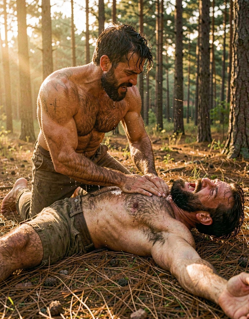 Two shirtless men appear in a pine forest lit by warm light, surrounded by dry needles, trunks, and earthy ground. One of them, muscular, sweaty, and covered in mud, is kneeling over the other performing chest compressions with a tense and concentrated expression, as in a cardiopulmonary resuscitation maneuver or emergency rescue. The man lying on the ground is wearing dirty shorts, has his bare torso stained with dirt, visible wounds, and his mouth open, with his arm extended and an unconscious or severely exhausted appearance. The scene conveys survival, accident, extreme physical effort, and dramatic tension in the middle of nature.
