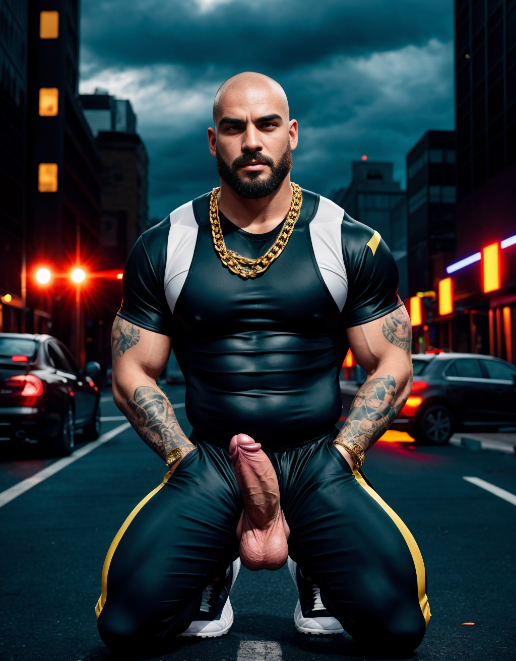 Hombre de 25 años, cuerpo atlético, rasgos duros y actitud desafiante, chandal deportivo ajustado, pene grande y largo, rapado, barba de dos días, zapatos Nike llamativos, tatuajes visibles en los antebrazos y el cuello, cadena gruesa de oro, calle de ciudad de fondo, de pie con postura dominante, expresión chulesca. Un hombre mayor de traje ejecutivo y zapatos, arrodillado a sus pies, pene erecto, testículos grandes, mirada de sumisión, frente tocando el pene del joven. Diferencia clara de estatus y poder, iluminación urbana nocturna, contraste fuerte de vestimenta y actitud, detalle en los rostros y gestos, composición vertical impactante.