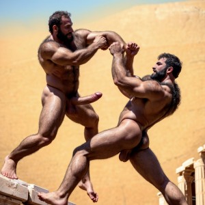 Harmodio y Aristogitón están desnudos. Tienen grandes testículos muy velludos. Luchan contra Hipias e Hiparco en Atenas. Luchan y saltan para dar puñetazos en el abdomen. Golpean con sus grandes penes. Son musculosos pero están delgados y bronceados. Tienen mucho vello por todo el cuerpo.