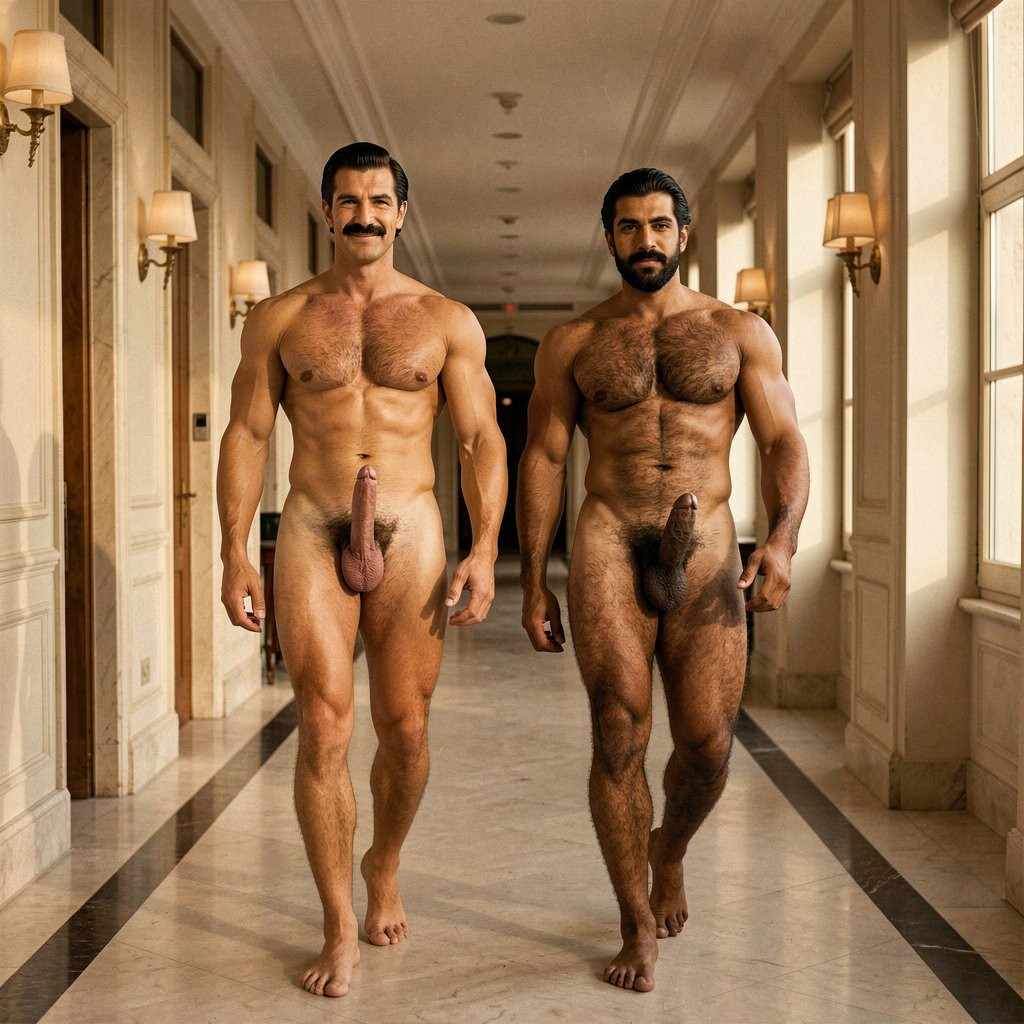 A perfectly realistic 1938 color photograph taken from a clean 60-degree three-quarter angle in the luxurious corridor of the St. Regis Cairo during warm golden hour light. Two extremely handsome and powerfully built men walk side by side with elegant and confident posture, shown in perfect full-body view from the soles of their bare feet all the way to the top of their heads, with flawless natural human anatomy, realistic muscle definition, accurate proportions and zero deformities or distortions.

Errol Flynn, 30 years old, 1.86 m, 80 kg of lean hard muscle with 6% body fat, golden-tanned skin and dense dark brown body hair on chest, abdomen, thick pubic bush, arms and legs, walks on the left. His black hair is perfectly slicked back with brilliantine and a marked wave to the right, his ultra-thin horizontal black mustache is impeccably groomed, and he carries a subtle arrogant smile. His thick, perfectly shaped 20 cm erect penis with realistic slight left curve, prominent veins, natural foreskin and pink-purple glans points proudly forward, swinging naturally with each step. His skin and hair are perfectly clean and perfumed.

Beside him walks Masri, 35-year-old powerfully built Egyptian with dark olive skin covered in extremely dense black curly body hair on chest, abdomen, pubic area, arms and legs. His hair is also perfectly combed back with brilliantine and his thick black mustache is sharply trimmed. He carries himself with masculine elegance. His own thick, perfectly formed 22 cm erect penis with natural upward curve, large dark glans, realistic veins and heavy balls hangs and sways heavily between his muscular hairy thighs, completely visible and anatomically correct, with a natural sheen from being freshly perfumed.

Both men walk elegantly out of the bedroom suite into the wide hotel corridor, completely naked but moving as if they were wearing the most expensive tailored suits. Their bodies are clean, dry, perfumed with sandalwood and cedar, and every detail of their musculature, body hair and genitalia is rendered with photographic realism. Warm golden side lighting from tall windows and wall sconces sculpts their forms with cinematic beauty. Vintage Kodachrome style, museum-quality sharpness, perfect natural anatomy on both figures from head to toe, realistic and correctly proportioned erect penises with no deformities, no distortions, no merging parts. 60-degree three-quarter perspective that clearly shows both complete bodies in elegant motion as they leave the room.