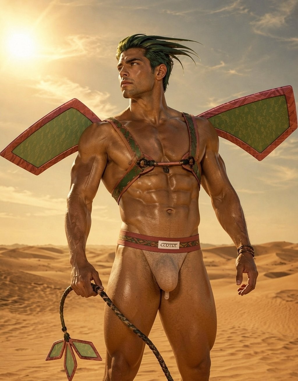 Un hombre musculoso posa en un desierto de dunas bajo una luz cálida de atardecer, con el torso desnudo, piel brillante y una expresión seria mientras mira hacia un lado. Lleva un arnés decorativo de cuero sobre el pecho, con detalles verdes y rojizos que se prolongan en dos grandes piezas rígidas a la espalda, parecidas a alas ornamentales. Su pelo oscuro aparece levantado por el viento y su físico atlético destaca con abdominales, brazos y piernas muy definidos. Viste una prenda mínima tipo taparrabos o suspensorio beige con ribetes rojos, ajustada sobre el paquete, y sostiene en una mano un látigo o cuerda rematada con adornos geométricos. La escena tiene un estilo de fantasía épica, sensual y exótica, con estética guerrera, arena dorada y cielo dramático.