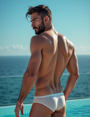 Hombre atlético, muy atractivo, de espaldas en una piscina infinita, en primer término se ve la piscina y al fondo el mar, el muestra su espalda musculosa y un calzoncillo fino bien apretado que marca su culo.