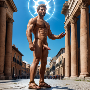 En el año 49 a.C., Julio César desnudo con penen grande. Está por las calles de la ciudad de Roma. Frente a él está Cneo Pompeyo Magno. Tiene testículos muy grandes y peludos. Dobla el brazo derecho para enseñar el músculo bíceps del brazo derecho con gran orgullo. Está de pie. Está bronceado. Tiene la mano izquierda sobre su pene. Se ve el cuerpo entero. Las sandalias están bonitas. Por las paredes hay pequeñas arañas y 🕸️. Sobre el suelo de la calle hay muchas monedas esturreadas. En la calle hay una maceta grande con geranios. Tiene aro iluminado de santo en la cabeza. Tiene alas de santo blancas azules claro. Tiene la mano derecha en posición de bendición. Se ve de lado.