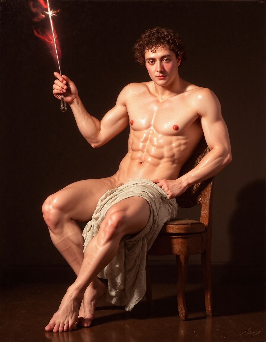 Pintura al óleo barroca, un joven musculoso desnudo, solo una tela tapa sus genitales, se halla sentado en una silla de manera exhibiendo su cuerpo mientras sostiene una antorcha con la mano derecha. 