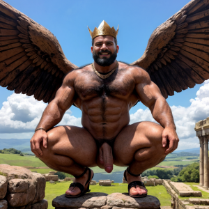 Cneo Pompeyo Magno desnudo con pene grande y testículos grandes peludos. Está en las Galias en el año 49 a.C. Es el cónsul del ejercito. Hombre Catón y hombre Cicerón están desnudos andando y cerca de Cneo Pompeyo Magno. Doblan el brazo derecho para enseñar los bíceps del brazo derecho con gran orgullo. Tiene mucho vello por todo el cuerpo. Está agachado. Está bronceado. Las sandalias están bonitas. Tiene corona de oro. Tiene alas de diablo fuertes negras y rojas oscuro. Tiene cara de malvado y sale humo por su nariz.