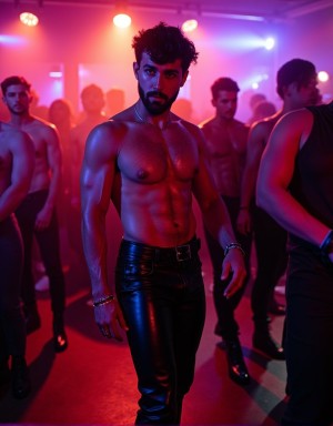 Un hombre de 25 años con barba bien definida y cabello oscuro, sin camiseta con su torso musculoso, pantalones de cuero negro ceñidos que dejan poco a la imaginación, y botas de cuero negro con tacones altos que le dan un aire de confianza y sensualidad. La discoteca leather gay está llena de luces estroboscópicas y música electrónica que late con intensidad, y el hombre se mueve con seguridad y pasión entre la multitud, brillando bajo las luces. Su mirada es intensa y seductora, y su barba y cabello oscuro contrastan con la ropa de cuero negro, creando un look que es a la vez masculino y provocativo. La atmósfera es caliente y sensual, y el hombre es el centro de atención, con su ropa de cuero y su presencia carismática dominando la escena. Hyper-realista, con detalles de alta calidad y texturas realistas, la escena es una explosión de sensualidad y pasión. Fotorealista