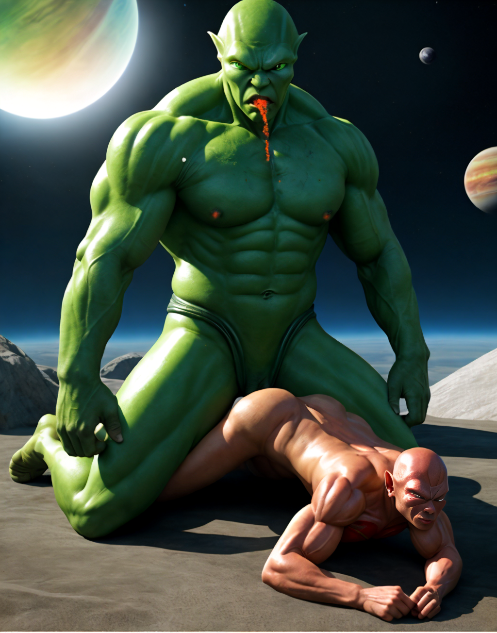 Un enorme ser alienígena verde, musculoso y de orejas puntiagudas, aparece arrodillado sobre un hombre calvo y muy musculado que yace boca abajo en el suelo, atrapado bajo su peso en una escena de fantasía oscura y violencia corporal. El gigante tiene el torso desnudo, abdomen marcado, brazos desproporcionadamente fuertes y una expresión agresiva, con sangre roja goteando de la boca como si acabara de morder o devorar algo. La figura humana, también desnuda o casi desnuda, muestra la piel brillante, tensión muscular y gesto de dolor mientras apoya los antebrazos contra el terreno. El entorno parece una superficie rocosa extraterrestre, con planetas, lunas y un cielo espacial de fondo, reforzando la atmósfera de ciencia ficción, dominación física y criatura monstruosa.