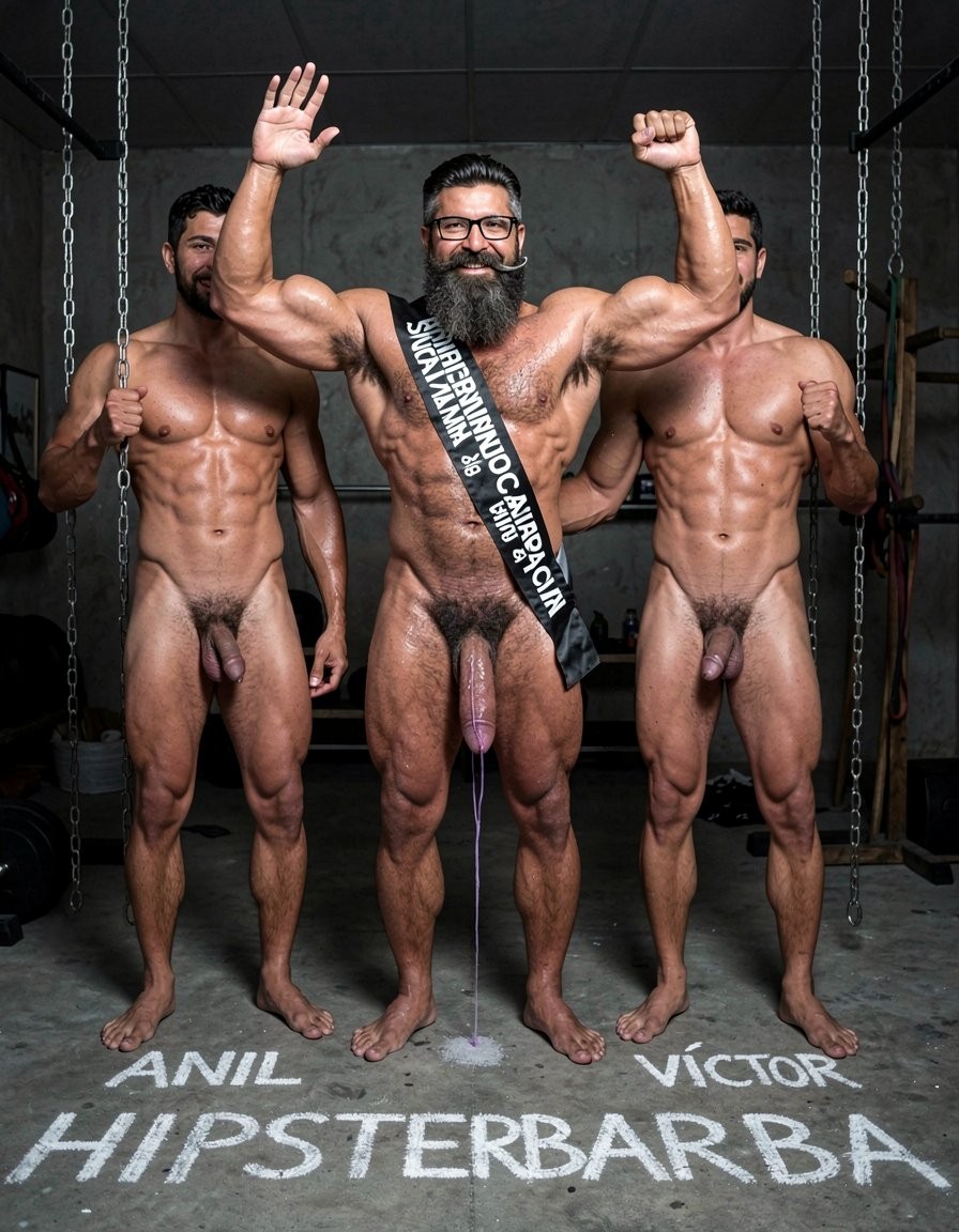 Hyperrealistic cinematic photograph inside a dark brutal dungeon gym with rough concrete floor, hanging metal chains, wooden stocks and BDSM equipment visible in the deep shadows. Dramatic side lighting with hard contrasts, strong highlights on sweaty oiled muscles, deep black shadows, extreme sharp detail and raw intense atmosphere.

Hipsterbarba stands dominant exactly in the center of the frame, completely naked, 40 years old, 180cm 80kg 8% body fat, powerful muscle-bear physique covered in dense dark wet body hair across his thick chest, shoulders, defined abs and heavy thighs. Very long thick Bandholz beard reaching almost to his chest, curled handlebar mustache, black glasses, both hands placed firmly on his waist in a powerful stance, cold superior expression looking straight at the camera with total control.

To his right (left side of the image) stands Anil, 25 years old, extreme bodybuilder slave, completely naked, 175cm 80kg 6% body fat, massive 127cm pumped chest, perfect eight-pack, extremely wide V-taper back, round high 90cm glutes and 70cm competition quads, completely smooth tanned skin from the neck down. Both arms raised and tensed in a strong double biceps pose, showing thick peaked biceps and hanging triceps, thick cock strangled at the base by a shiny metal cock ring, purple and swollen, long strings of precum dripping to the floor. Head slightly lowered in submission but flexing hard, serious devoted expression.

To his left (right side of the image) stands Víctor, 25 years old, extreme bodybuilder, completely naked, 175cm 80kg 6% body fat, massive 127cm pumped chest, perfect eight-pack, wide V-taper, round high glutes and 70cm competition quads, completely smooth tanned skin. A thick black textile victory sash is tightly crossed over his torso from right shoulder to left hip, with large perfectly legible white capital letters in Spanish reading exactly “Esclavo de Gayon” across his chest and abs. He is smiling happily, raising his right hand in a cheerful wave toward the camera, thick cock fully erect and throbbing, heavy balls hanging low.

On the concrete floor directly in front of each man, written in thick white chalk letters, perfectly visible and legible: “HIPSTERBARBA” under the center figure, “ANIL” under the man on the left side of the image, and “VÍCTOR” under the man on the right side of the image.

Full body view of all three men standing in a straight line, raw atmosphere of domination, ownership and humiliation mixed with the cheerful pose of Víctor. Perfect anatomy, proportions, realistic skin texture, sweat, muscle striations and sharp text details. No distortions.