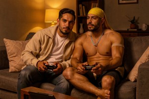Dos hombres sentados en un sofá gris juegan a videojuegos con mandos negros, concentrados frente a una pantalla fuera de plano. El hombre de la izquierda lleva camiseta blanca, camisa beige abierta y vaqueros, con expresión tranquila y mirada directa; el de la derecha aparece sin camiseta, con pantalón corto negro, pañuelo amarillo en la cabeza, cadena plateada al cuello y una cinta clara en el brazo, mostrando un físico musculado y postura relajada con las piernas cruzadas. La escena transcurre en un salón cálido y acogedor, iluminado por una lámpara de mesa, con cojines beige, una mesa baja de madera, estantería con libros y pequeños objetos decorativos al fondo.