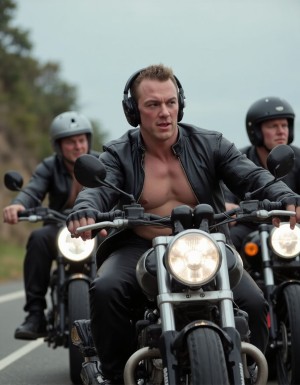 Primer plano realista fotográfico de cuatro motoristas montados en sus motos en la carrretera, los motoristas son musculosos y muestran sus trajes de cuero, muestran su pecho musculoso bajo las chaquetas de cuero abiertas completamente, los motoristas muestran su ropas abultadas por los músculos,  los motoristas muestran grandes paquetes bajo sus pantalones, Motos Triumph Rocket 3 Storm. Se han quitado el casco y lo llevan en la mano mostrando sus rostros. 