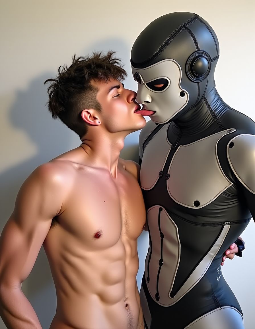 Un joven twink de cuerpo marcado, doblegado por un musculoso robot con rostro mecánico, de un ojo y con la lengua afuera lamiendole