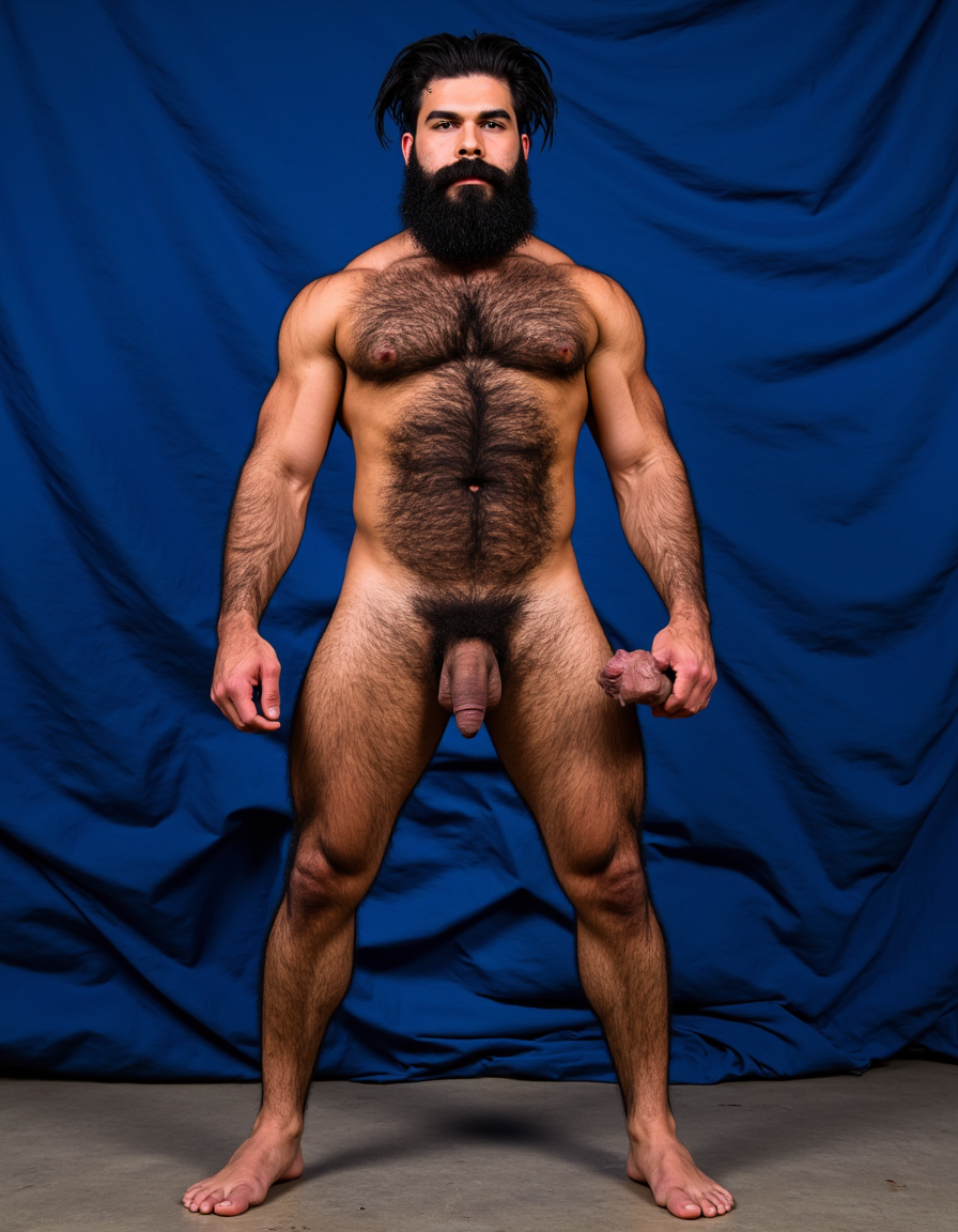 Enomao. Hombre de 35 años, cuerpo completo de pies a cabeza, pose frontal de pie, cuerpo delgado, rostro rudo con mandíbula cuadrada y ceño fruncido, barba abundante negra descuidada de varios días, nariz ancha, cicatriz pequeña en la ceja izquierda, mirada intimidante, pelo negro largo y despeinado, cuello grueso con tendones marcados, hombros anchos y trapecios abultados, pectorales enormes y duros con sombras profundas bajo cada músculo, pezones oscuros rodeados de vello negro denso, vello negro abundante cubriendo todo el pecho extendiéndose hacia el abdomen, abdominales definidos con seis bloques marcados y venas visibles, línea de vello negro desde el ombligo bajando, oblicuos duros con sombras que acentúan cada fibra muscular, brazos con bíceps y tríceps marcados y muy definidos, venas prominentes en los antebrazos, vello negro espeso en antebrazos y dorso de las manos, manos con nudillos anchos y dedos fuertes, piel con suciedad natural como grasa de trabajo y tierra en pecho brazos y piernas, manchas de mugre en los antebrazos y marcas de sudor seco, muslos marcados con cuádriceps separados y definidos cubiertos de vello negro abundante, pantorrillas duras en tensión con vello oscuro, pies descalzos plantados en suelo de hormigón, iluminación lateral dura que proyecta sombras profundas en cada grupo muscular resaltando la masa y la fuerza bruta, ambiente de atmósfera cruda y masculina, fotografía hiperrealista, textura de piel visible con poros y imperfecciones. Tiene un pene erecto masculino de 38,5 cm de longitud y 8,5 cm de diámetro, proporciones perfectas, glande grueso y pronunciado con corona marcada, color rosado oscuro en la cabeza contrastando con el tono bronceado del tronco, venas gruesas y ramificadas recorriendo toda la extensión del falo desde la base hasta el glande, piel tensa y brillante por la erección máxima, prepucio retraído mostrando el frenillo, testículos grandes y pesados colgando en escroto arrugado, cubiertos de vello púbico oscuro y denso, pelo rizado extendiéndose hacia la base del pene, piel escrotal con textura visible y poros definidos, venas visibles en los testículos, posición frontal ligeramente angular, iluminación de estudio con sombras suaves que resaltan cada relieve y textura, fotografía hiperrealista, ultra alta definición 4K, texturas extremadamente detalladas, colores naturales de piel humana, acabado cinematográfico.

El fondo de la imagen es un azul ultramar intenso y profundo, con ondas de tela que ondean como si fueran arrastradas por el viento, creando un movimiento dinámico con la figura. La textura ondulante, similar a la seda, añade una capa de profundidad y sensibilidad a la escena, contrastando con la crudeza y pasión del acto sexual.

La fotografía realista, con genitales anatómicamente correctos y proporciones naturales, sin distorsión, busca capturar la esencia cruda y visceral del momento, sin adornos ni censuras. El enfoque en el punto del pene visible desde un ángulo lateral, busca resaltar la intensidad y la conexión del hombre y su entorno, inmerso en un acto de pasión y deseo. El contenido explícito para adultos es una representación auténtica y sin tapujos de la intimidad y el deseo humano, sin rodeos ni evasivas.