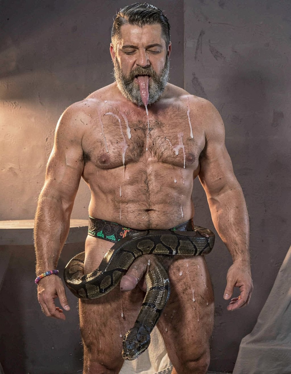 A powerful muscular mature Greek man named Dimitris, 40 years old, thick dark body hair covering his chest, powerful thighs and groin, heavy salt-and-pepper beard, strong masculine features, stands completely naked with a tense expression in a dimly lit room with warm dramatic side lighting. A large glossy python snake with black and iridescent emerald green scales has already reached his thick hairy right thigh and is accelerating its smooth powerful pace, its long forked tongue flicking rapidly in and out of its mouth tasting the thick air heavy with masculine sweat and raw testosterone. The snake’s thick muscular body slides deliberately between Dimitris’ hairy legs and coils tightly around his heavy low-hanging balls with several hot firm rings, completely enveloping the testicles, squeezing them and lifting them upward with slow rhythmic constricting pulses that make the skin of the scrotum stretch and glisten under the pressure. The snake’s glossy scales contrast sharply against the sweaty tanned hairy skin, intense erotic and slightly dangerous atmosphere, highly detailed, cinematic volumetric lighting, sharp focus.