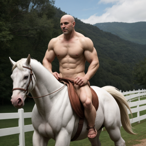 Hombre desnudo, musculoso, calvo, a caballo, caballo blanco