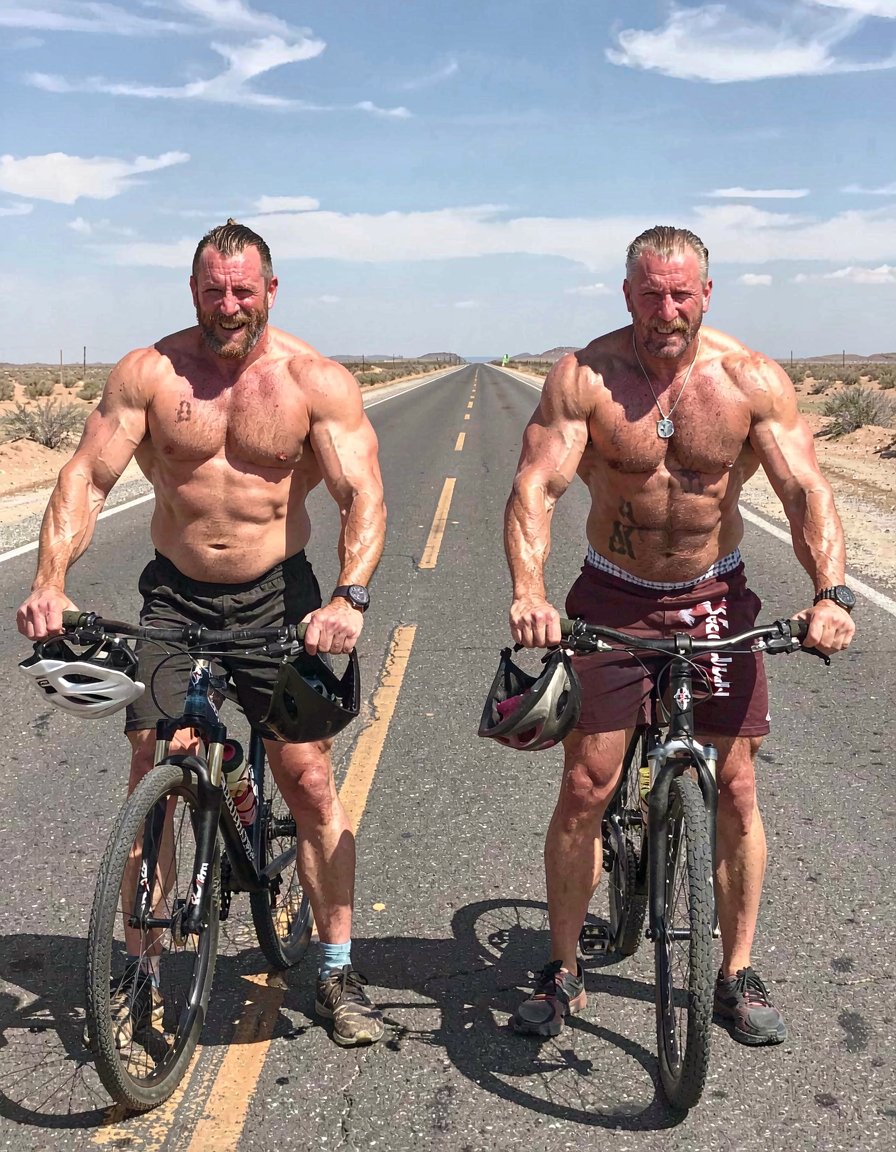 tres hombres muy viejos de 80 años  musculosos semidesnudos, de aspecto agresivo, malotes macarras, con los  penes visibles, torsos desnudos, se han quitado el traje  de ciclista, muestran pechos y abdómenes hipermusculosos, junto a sus bicis, cascos cascos en sus manos, el fondo una carretera secundaria perdida en desierto de los Monegros. 