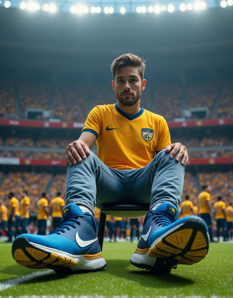 giant man 23 years old sitting on a tint small football stadium full of people, with his giant sneakers visible