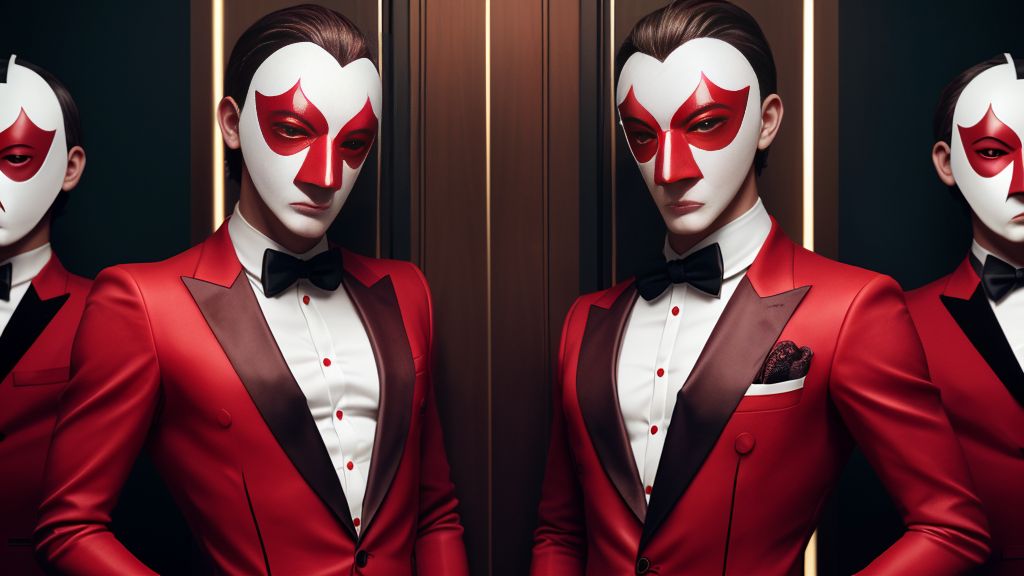 Hombres muy sexys vestidos con trajes rojos de la casa de papel, máscaras de Dalí, algunos con el pene visible, posiciones seductoras, miradas intensas, ropa ajustada, detalles eroticamente sugerentes.