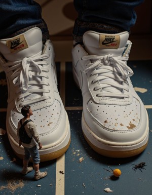 A terrified 50-year-old Spanish man shrunk down to insect size, standing helplessly next to massive white Nike sneakers that tower over him like skyscrapers. The tiny man has dark hair with some gray, olive Mediterranean skin, wearing torn clothing from the shrinking process. He's looking up in fear and submission at the enormous sneakers, which show wear marks and dirt on the soles. The perspective emphasizes the extreme size difference - the man is barely the size of a shoelace eyelet. Dramatic lighting casts long shadows from the giant sneakers over the microscopic figure. Hyperrealistic, detailed, cinematic lighting, ground level perspective.