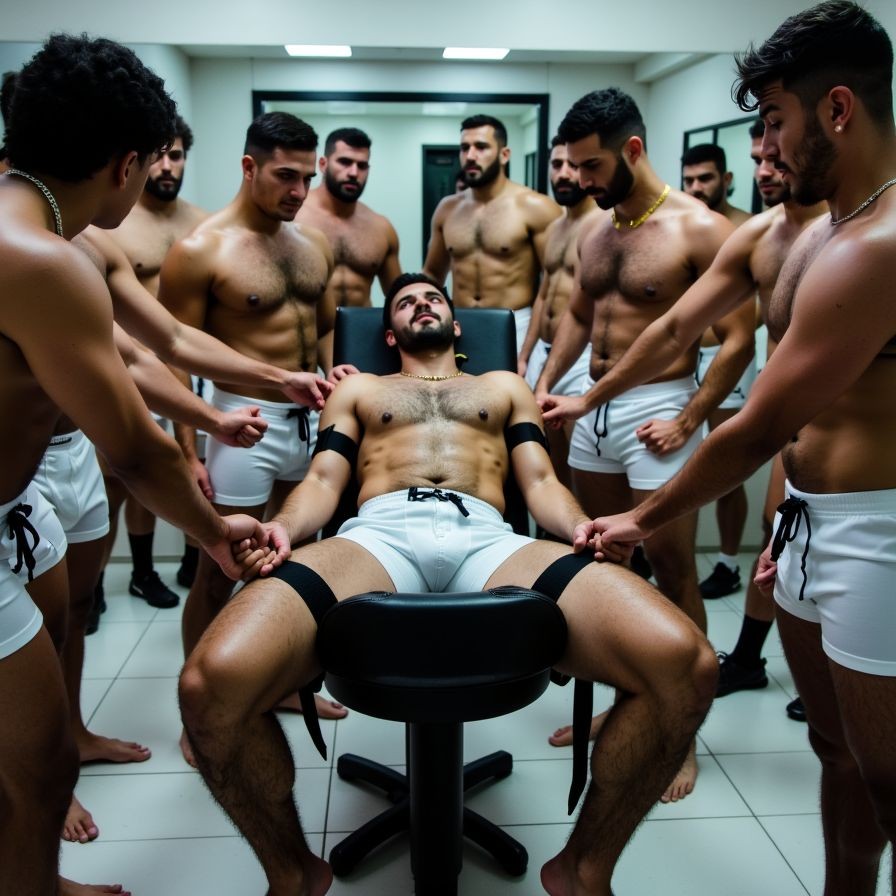 Un grupo de hombres musculosos y semidesnudos rodea a un hombre tumbado en una silla reclinable negra, en una habitación iluminada con azulejos claros y aspecto de vestuario o sala clínica. Todos llevan pantalones cortos blancos, muchos están descalzos y sin camiseta, mostrando torsos definidos, barba, cadenas y pelo oscuro. El hombre del centro aparece recostado con las piernas abiertas, los brazos apoyados y bandas negras sujetas en bíceps y muslos, mientras varios hombres a su alrededor le agarran o señalan brazos y piernas en una escena de tensión física, dominación grupal y estética homoerótica, con una composición simétrica y ambiente cerrado, íntimo e intenso.